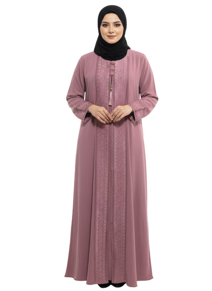 Women’s Dusty Pink Embroidered Abaya for Women - Front Panel and Long Sleeves