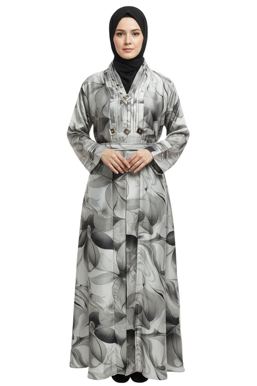 Print Full-Length Abaya for Women – Elegant Pleated Neck Modest Abaya Wear