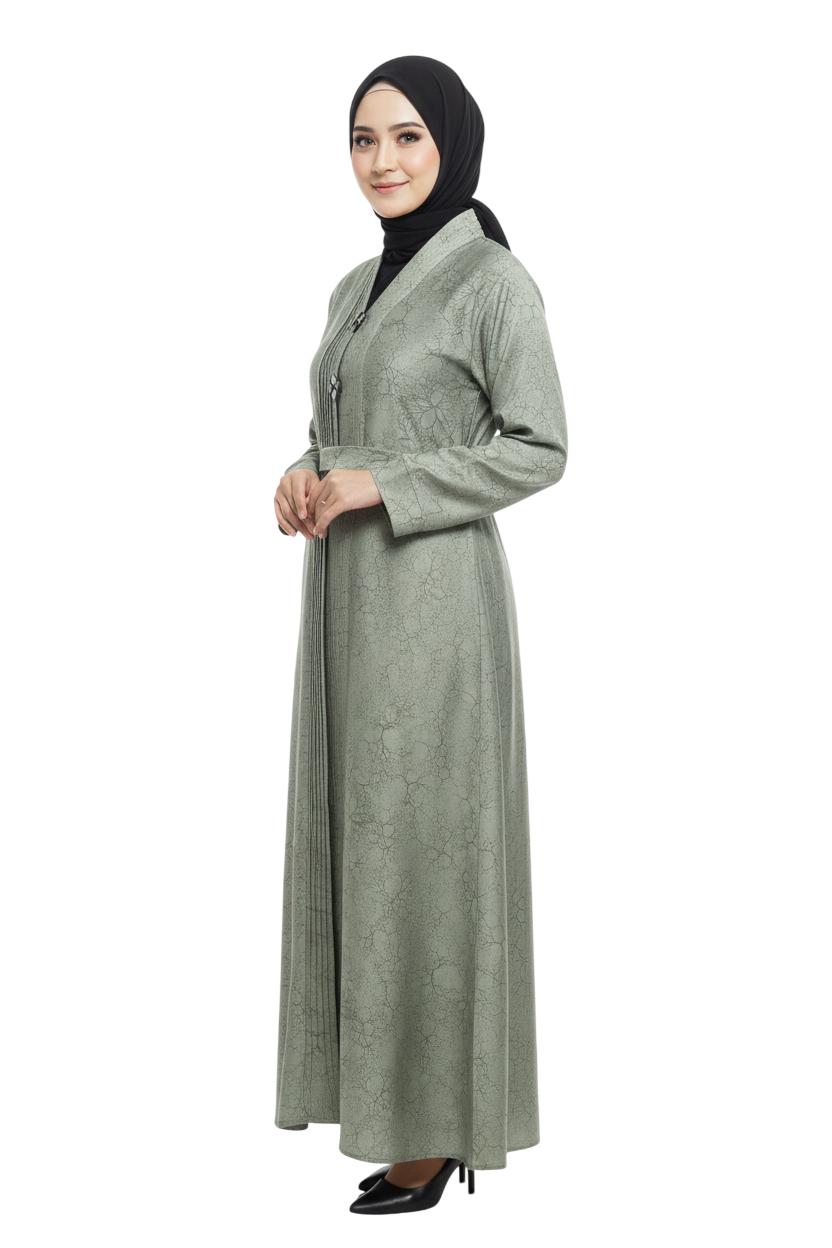 Print Full-Length Abaya for Women – Elegant Pleated Neck Modest Abaya Wear