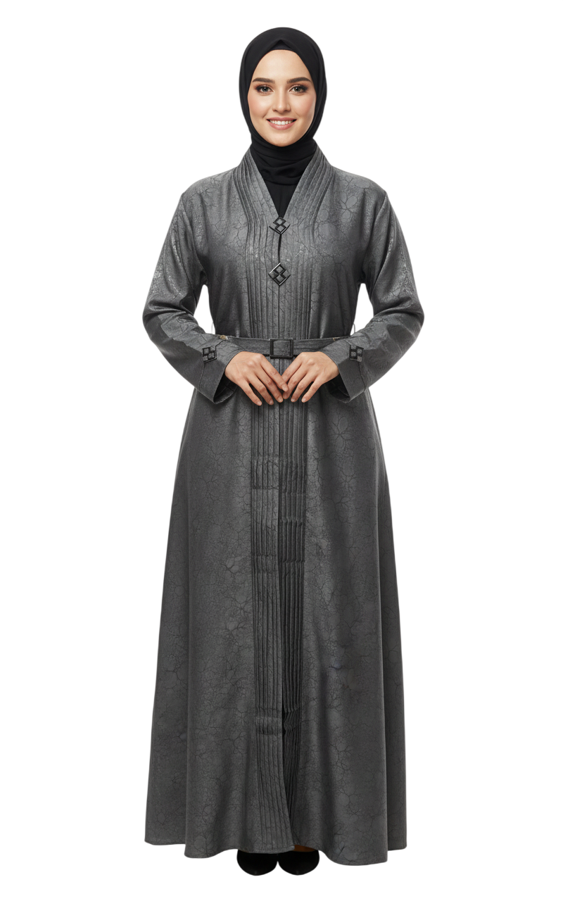 Print Full-Length Abaya for Women – Elegant Pleated Neck Modest Abaya Wear
