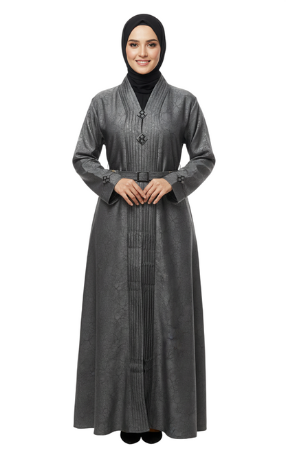 Print Full-Length Abaya for Women – Elegant Pleated Neck Modest Abaya Wear