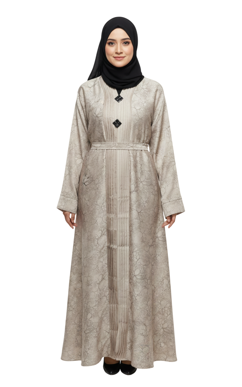 Print Full-Length Abaya for Women – Elegant Pleated Neck Modest Abaya Wear