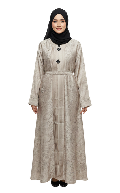 Print Full-Length Abaya for Women – Elegant Pleated Neck Modest Abaya Wear