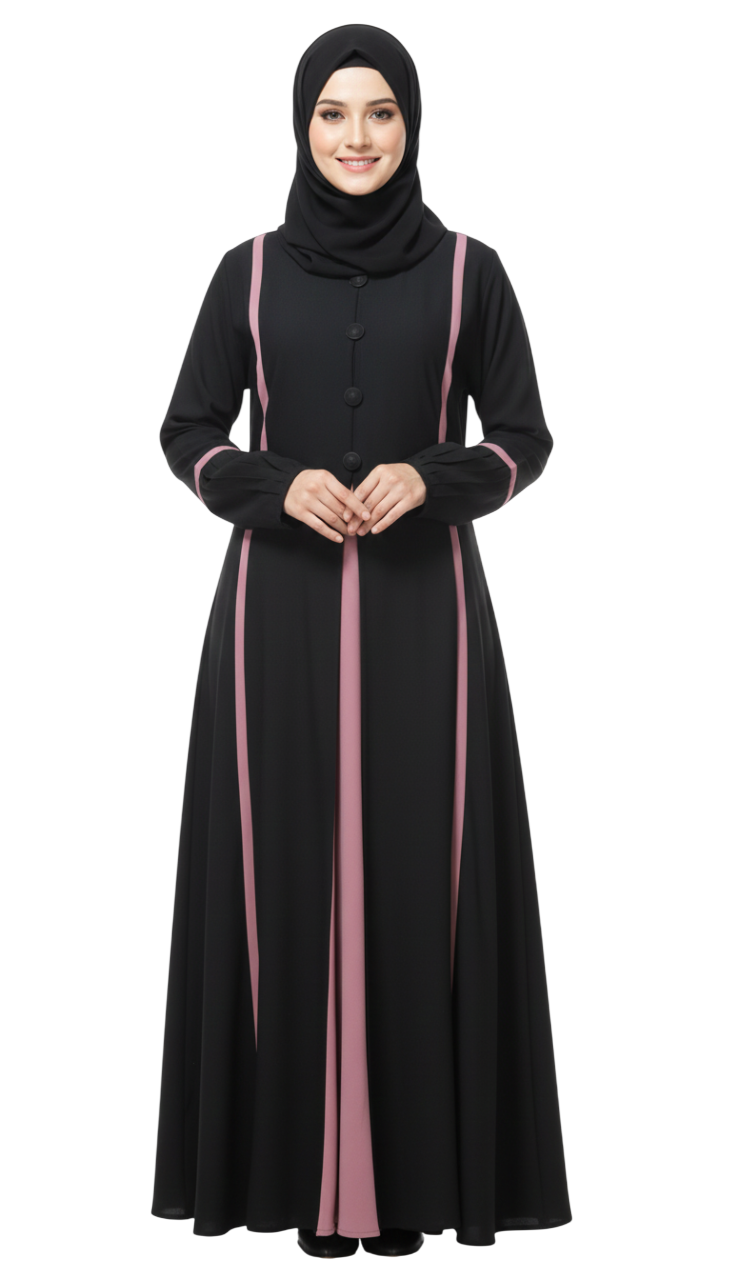 Pleated-Sleeve Modest Abaya with Contrast Detailing – Soft Fabric Daily Wear