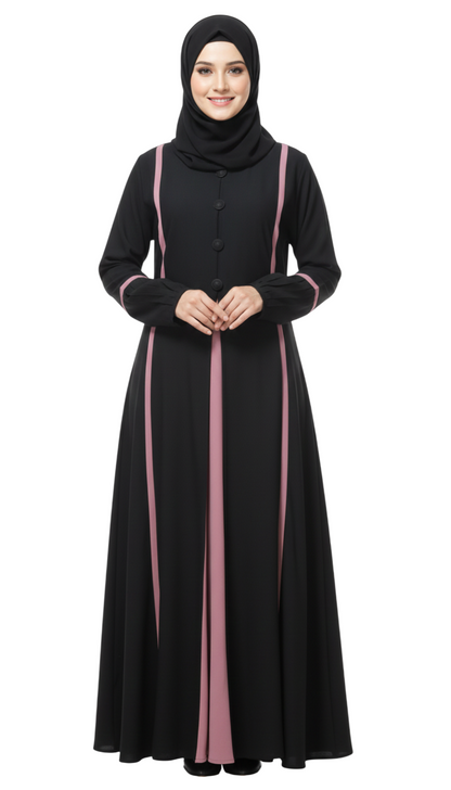 Pleated-Sleeve Modest Abaya with Contrast Detailing – Soft Fabric Daily Wear