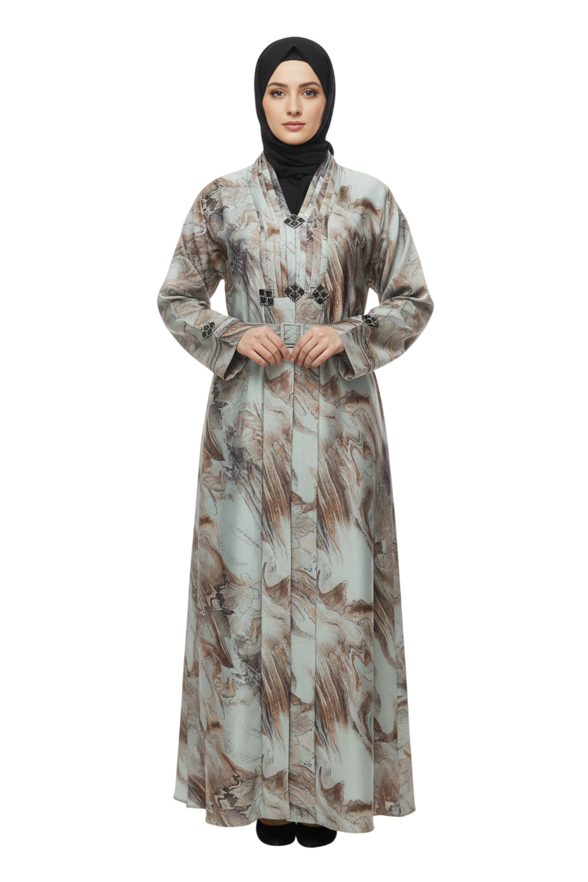 Print Full-Length Abaya for Women – Elegant Pleated Neck Modest Abaya Wear