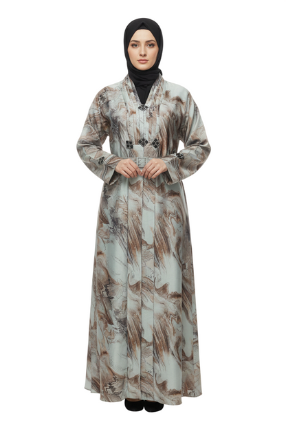 Print Full-Length Abaya for Women – Elegant Pleated Neck Modest Abaya Wear