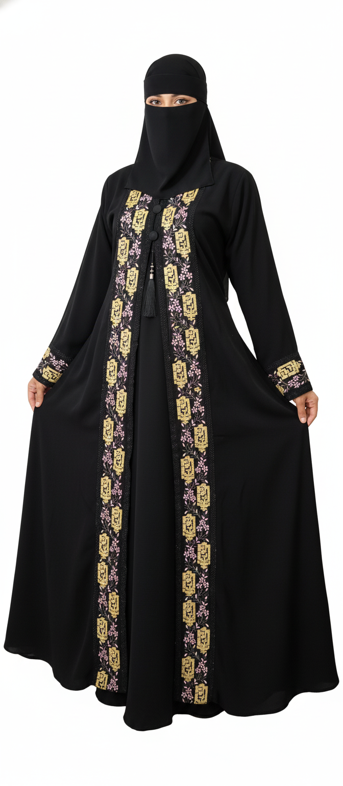 embroidered double layer abaya gown